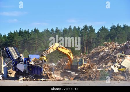 Pelle hydraulique avec grue à grumes charge les grumes rondes dans l'hespérie à bois.Boîte-présentoir mobile pour copeaux de bois.Saisir des charges de bois pour scierie. Meuleuse horizontale Banque D'Images