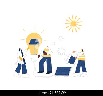 Installation des panneaux solaires. Techniciens de maintenance sur le terrain travailleurs, architectes, ingénieurs en mécanique et coordinateurs de projet modules de construction. Alternance renouvelable Illustration de Vecteur