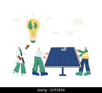 Électricité renouvelable de remplacement.Installation des panneaux solaires.Techniciens de maintenance sur le terrain travailleurs, architectes, ingénieurs en mécanique et coordinateurs de projet Illustration de Vecteur