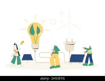 Installation des panneaux solaires. Techniciens de maintenance sur le terrain travailleurs, architectes, ingénieurs en mécanique et coordinateurs de projet modules de construction. Alternance renouvelable Illustration de Vecteur