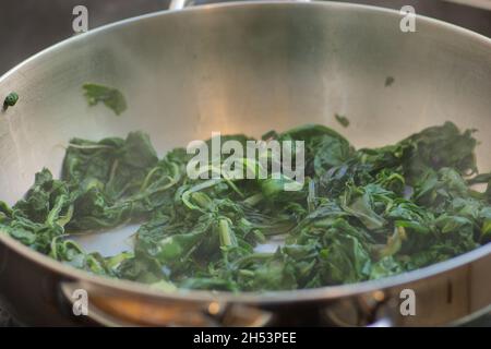 Des feuilles de Chard vert (Beta vulgaris), grillées dans un pot, dans le cadre du processus de préparation de 'Pkaila', un plat juif tunisien traditionnel Banque D'Images