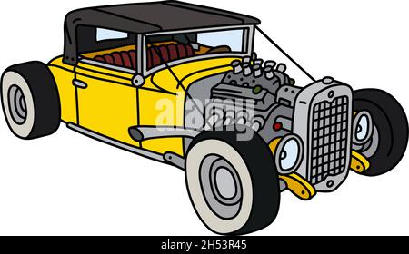 Le dessin à la main vectorisé d'un hotrod jaune drôle Illustration de Vecteur