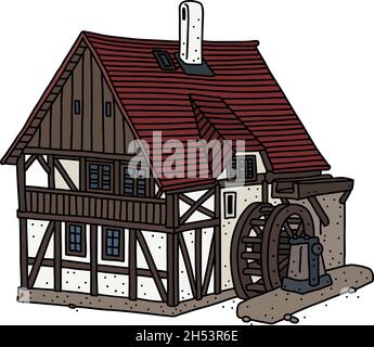 Le dessin à la main vectorisé d'un moulin à eau à colombages historique Illustration de Vecteur