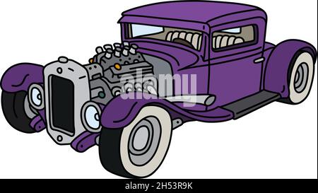 Le dessin à la main vectorisé d'un drôle de hotrod violet Illustration de Vecteur