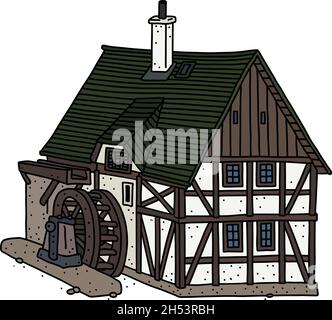 Le dessin à la main vectorisé d'un moulin à eau historique à colombages Illustration de Vecteur