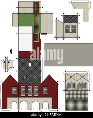 Le dessin à la main vectorisé d'un modèle en papier de la vieille ville Burger House Illustration de Vecteur