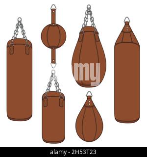 Jeu d'illustrations de couleur avec sac de poinçonnage marron, poire de boxe.Objets vectoriels isolés sur fond blanc. Illustration de Vecteur