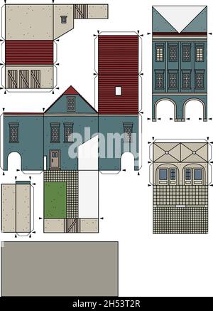 Le dessin à la main vectorisé d'un modèle en papier de la vieille ville bleue Burger House Illustration de Vecteur