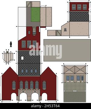 Le dessin à la main vectorisé d'un modèle en papier de la vieille ville Burger House Illustration de Vecteur