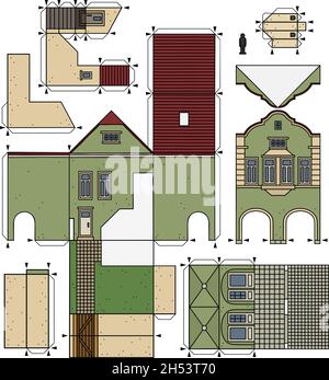 Le dessin à la main vectorisé d'un modèle en papier de la vieille ville verte Burger House Illustration de Vecteur