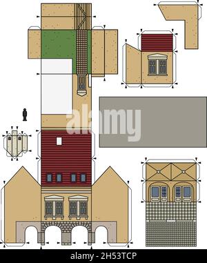 Le dessin à la main vectorisé d'un modèle en papier de la vieille ville jaune Burger House Illustration de Vecteur