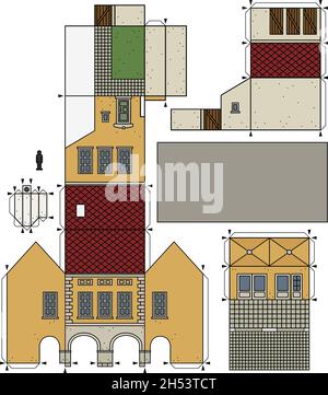 Le dessin à la main vectorisé d'un modèle en papier de la vieille ville jaune Burger House Illustration de Vecteur