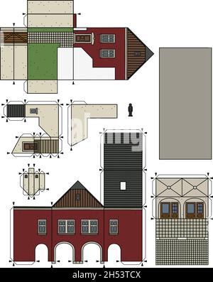 Le dessin à la main vectorisé d'un modèle en papier de l'ancienne maison de hamburger de ville rouge Illustration de Vecteur