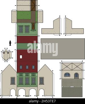 Le dessin à la main vectorisé d'un modèle en papier de la vieille ville verte Burger House Illustration de Vecteur