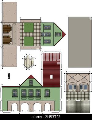 Le dessin à la main vectorisé d'un modèle en papier de la vieille ville verte Burger House Illustration de Vecteur