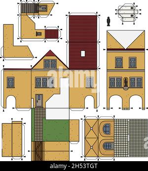 Le dessin à la main vectorisé d'un modèle en papier de la vieille ville jaune Burger House Illustration de Vecteur