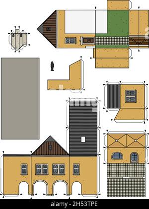 Le dessin à la main vectorisé d'un modèle en papier de la vieille ville jaune Burger House Illustration de Vecteur