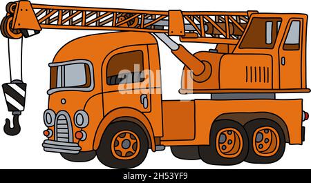 Le dessin à la main vectorisé d'une grue de camion rétro drôle orange Illustration de Vecteur