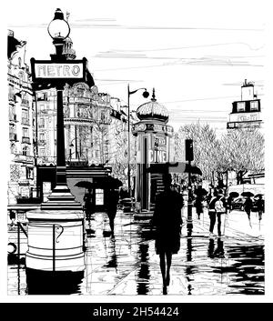 Paris rue sous la pluie - illustration vectorielle Illustration de Vecteur