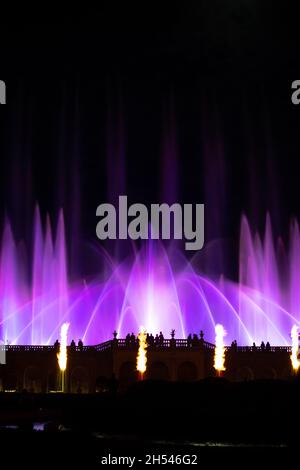 La fontaine de Longwood Gardens lors d'un spectacle nocturne. Banque D'Images