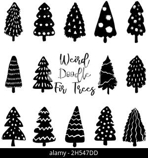 Ensemble de sapins dessinés à la main Doodle.Collection arbres de Noël simple. Illustration de Vecteur