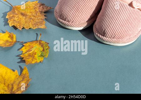 Chaussons et feuilles d'automne sur fond vert avec espace de texte.Chaussons doux et confortables en fourrure rose pour la maison. Pantoufles automnales et hivernales chaudes pour femmes. Banque D'Images