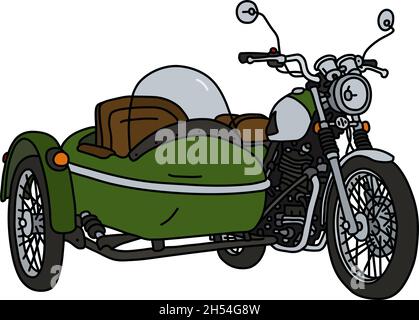 Le dessin à la main vectorisé d'un side-car vert rétro Illustration de Vecteur