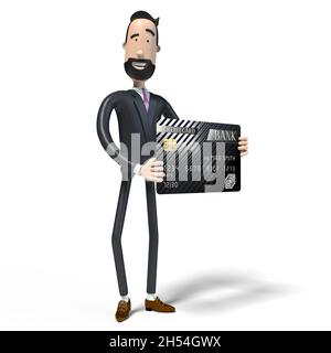 Beau homme d'affaires de dessin animé tenant la carte de crédit, fond blanc - illustration 3D Banque D'Images