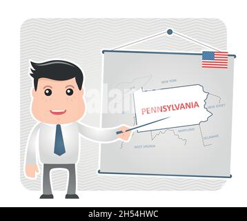 Homme avec un pointeur pointe vers une carte de PENNSYLVANIE sur un tableau noir, eps 10 Illustration de Vecteur