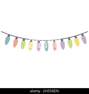Guirlande avec ampoules de couleur sur fond blanc. Modèle de dessin d'illustration vectorielle de Noël ou de vacances. Illustration de Vecteur