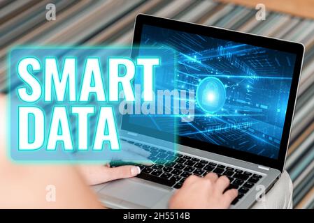 Signature manuscrite Smart Data.Informations numériques d'idée d'entreprise formatées pour une consolidation plus poussée femme assise avec ordinateur portable vue arrière supérieure Banque D'Images