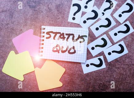 Affiche manuscrite statu quo.Mot écrit sur l'état actuel des affaires concernant les questions sociales ou politiques rédaction d'enquêtes et de penser à nouveau Banque D'Images