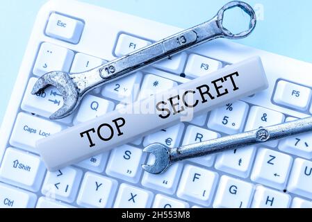 Affiche de texte montrant Top Secret.Idée d'affaires protégée par un degré élevé de secret hautement confidentiel mise en forme et compilation de données en ligne, Résumé Banque D'Images