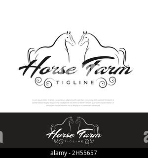 Deux chevaux silhouette logo design ferme vintage dans la campagne occidentale Illustration de Vecteur