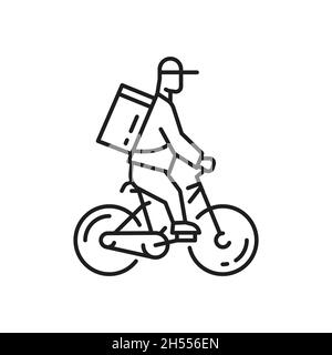 Vélo de livraison de nourriture isolé ligne plate art icône.Boîte de coursier de vélo Vector dans un emballage à capuchon et sac à dos.Personnel de livraison, conducteur motard homme.Navire Illustration de Vecteur