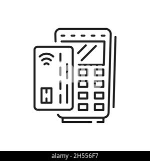 Le terminal de point de vente de la banque doit payer pour la livraison de fastfood icône de contour isolé.Paiement vectoriel des achats dans un magasin ou un supermarché par carte de crédit ou de débit.Él Illustration de Vecteur