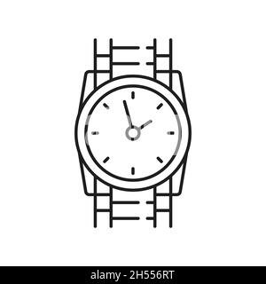 Montre suisse avec bracelet argent ou or isolé icône de ligne mince.Appareil de mesure de l'heure de l'horloge vectorielle.Visage avec des flèches, des pointeurs ou des mains, orné Illustration de Vecteur