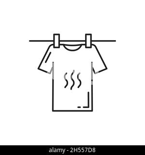 Blanchisserie, t-shirt vierge suspendu sur la ligne de vêtements isolé icône de ligne mince.Vector séchage nettoyer la chemise de garçon ou de fille accrocher sur la corde de linge sur des épingles à linge en bois Illustration de Vecteur