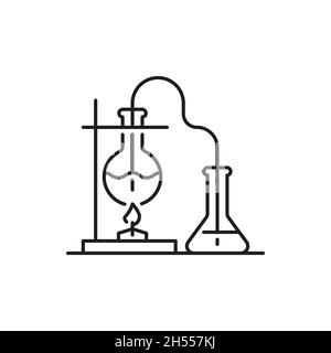 Le liquide dans la fiole à fond rond est chauffé au-dessus de l'icône de ligne mince isolée du brûleur de Bunsen.Verrerie de recherche de laboratoire Vector, biochimie, chimie, p Illustration de Vecteur