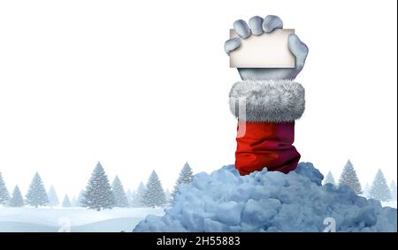 Santa Claus signe neige hiver comme une main de vacances tenant une carte vierge émergeant d'une avalanche dans une forêt de pins froide comme un Noël drôle. Banque D'Images