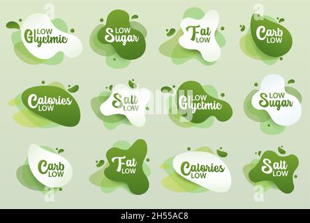 Autocollant bas de badge.Ensemble, motif amibe vert de l'autocollant pour le menu de régime, affiche, prospectus, emballage alimentaire. Illustration de Vecteur