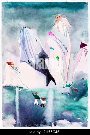 près de la mer pendant le festival de montgolfière et de cerf-volant peint à la main avec des peintures à l'aquarelle sur papier blanc texturé Banque D'Images