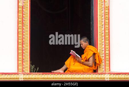 Jeune moine lisant un livre sur le porche du temple Banque D'Images