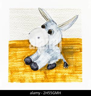 croquis d'âne animal bourré dessiné à la main avec des marqueurs et des crayons de couleur sur du papier blanc texturé Banque D'Images