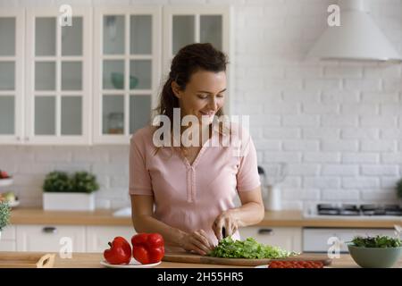 Bonne jeune belle femme des années 30 préparant des aliments sains. Banque D'Images