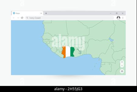 Fenêtre navigateur avec carte de Côte d'Ivoire, recherche Côte d'Ivoire sur Internet.Modèle de fenêtre de navigateur moderne. Illustration de Vecteur