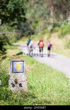 Un pélerins marchant par le chemin de Saint-Jacques , Camino de Saint-Jacques , signe des marques de coquillages à la Cathédrale de Compostelle, Galice, Espagne. Les gens hors de foyer, pas Banque D'Images