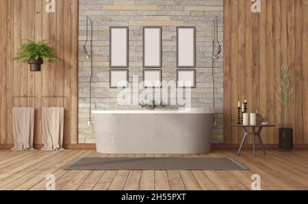 Salle de bains élégante avec baignoire contre mur en pierre, table latérale et panneau en bois - rendu 3d Banque D'Images