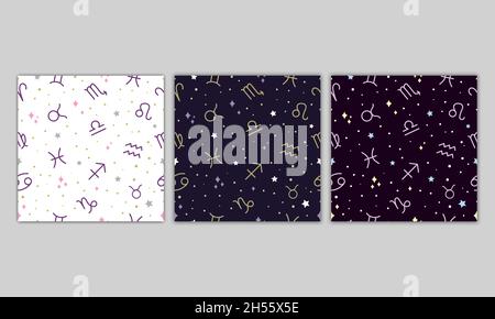 Motif de signes du zodiaque.Collection vectorielle d'astrologie fonds blancs et sombres sans couture pour le textile, le papier peint.Ensemble de symboles et d'étoiles du zodiaque. Illustration de Vecteur