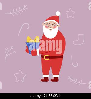 Le joli Père Noël sourit et tient le cadeau.Carte de vœux de Noël.Illustration amusante Vector.Style simple. Illustration de Vecteur